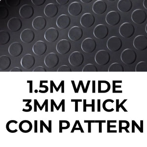 Overhead graphic showing the textured coin pattern surface of a 1.5M wide and 3mm thick rubber mat.
