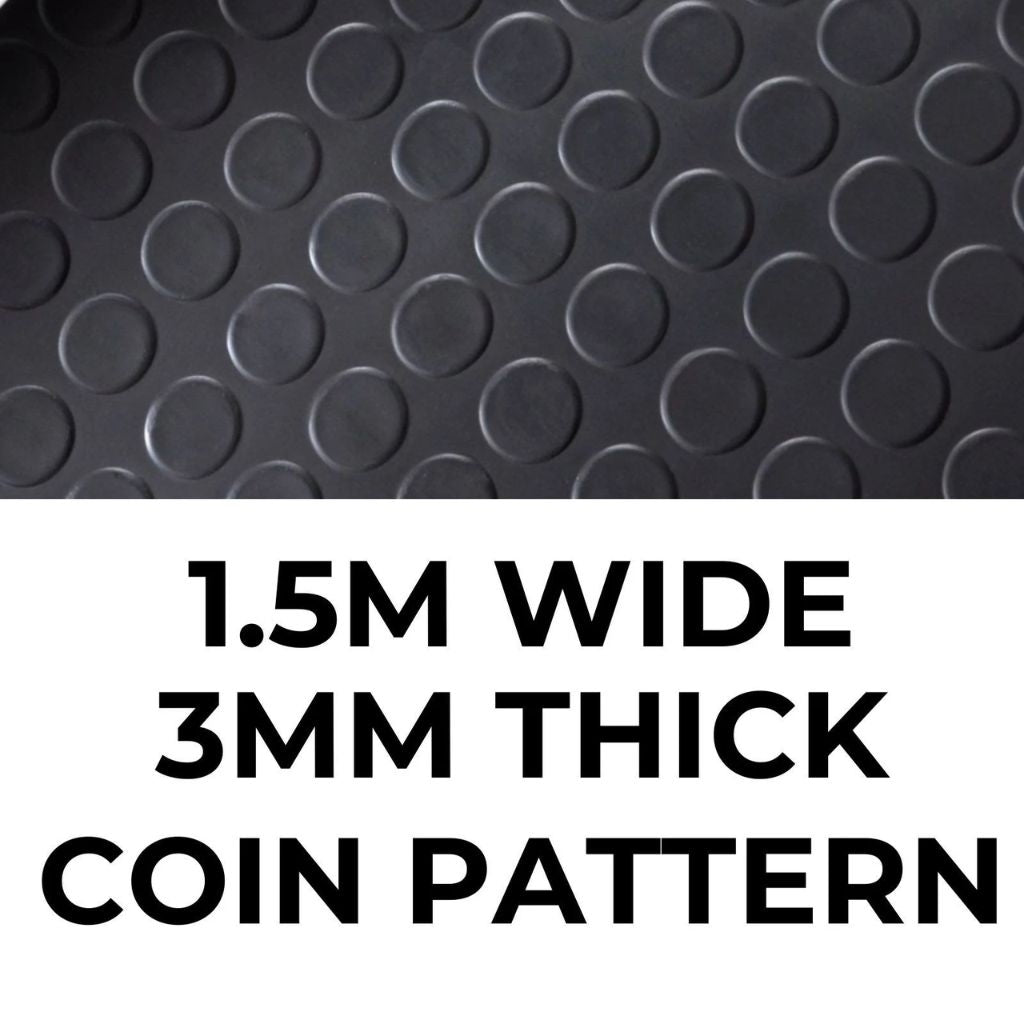 Overhead graphic showing the textured coin pattern surface of a 1.5M wide and 3mm thick rubber mat.