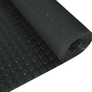 High-angle view of a partially unrolled black coin pattern rubber garage flooring mat roll.