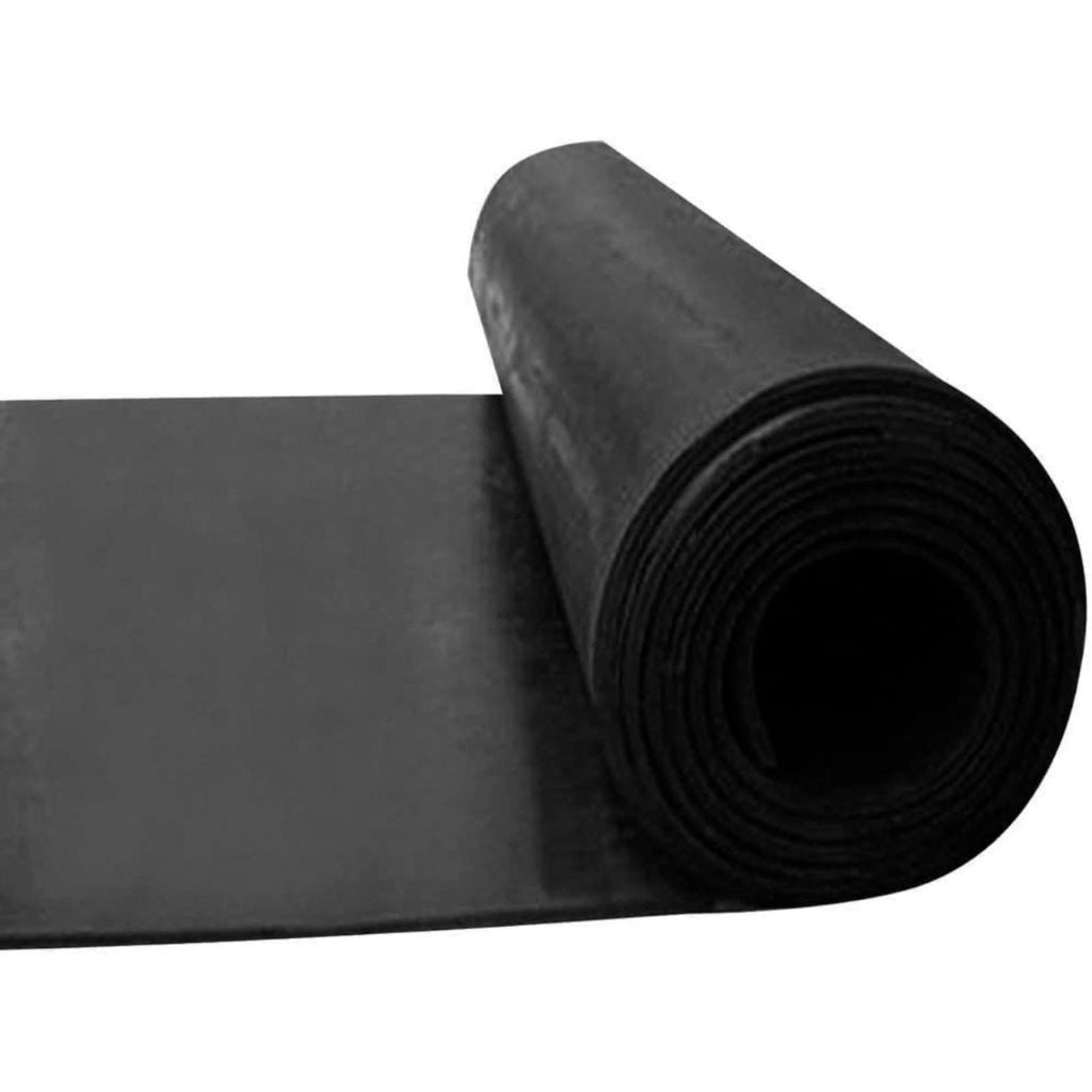 A horizontally aligned partially unrolled section of a 1m wide black smooth rubber floor matting roll flat on the ground.