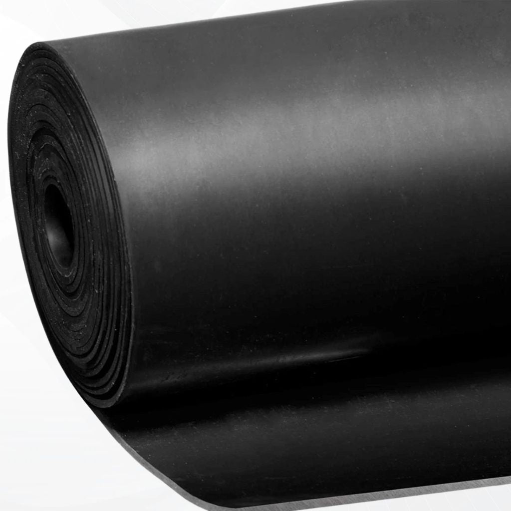 A side perspective close-up of a tightly wound 3mm thick black rubber matting roll highlighting the multi-layered edge finishing.