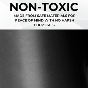 A close-up view of the smooth matte texture of a 3mm thick black rubber flooring roll under a "NON-TOXIC" safety banner.
