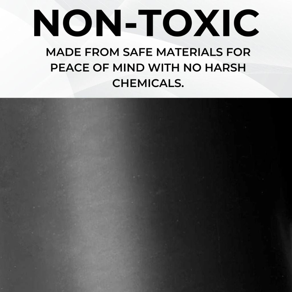 A close-up view of the smooth matte texture of a 3mm thick black rubber flooring roll under a "NON-TOXIC" safety banner.