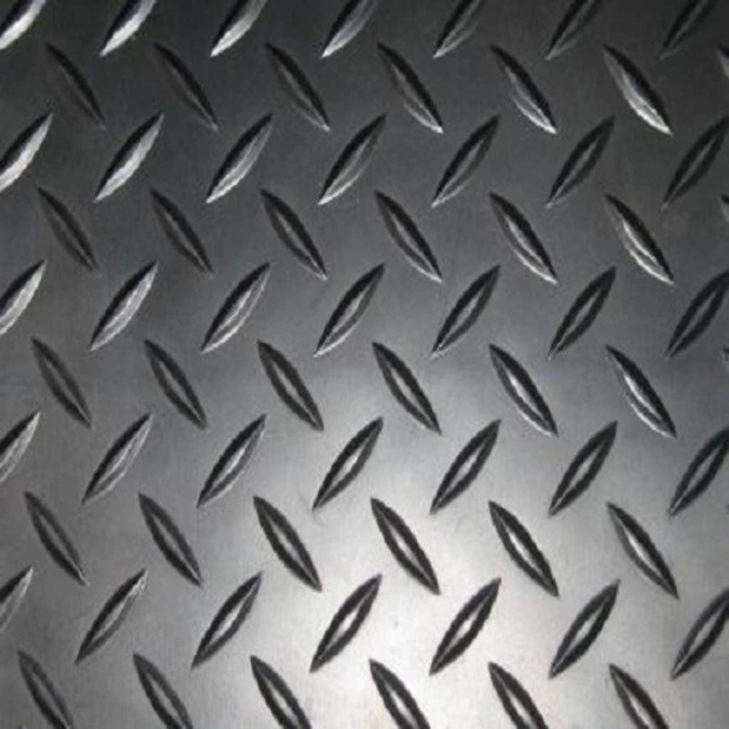 A close-up of a silver-gray diamond plate metal surface with a repeating raised diamond pattern.