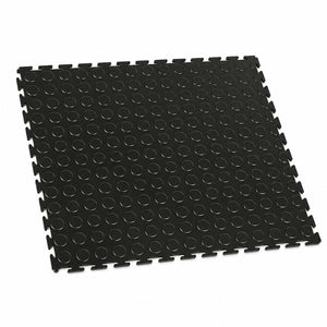 A black interlocking foam play mat with a raised circular texture, shown at an angle on a plain white background.