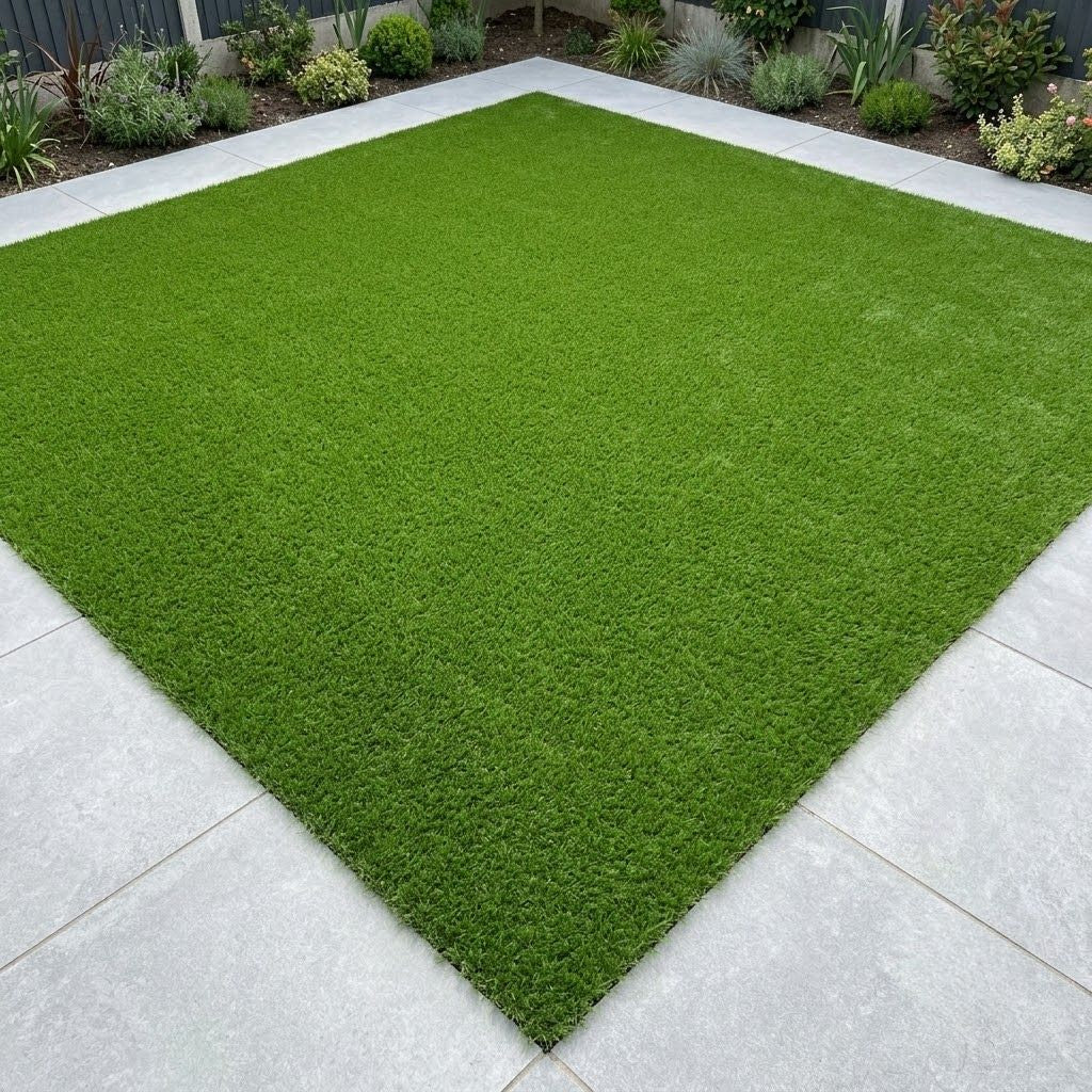 A neat square patch of 40mm fake lawn astro turf installed on a modern grey tiled patio.