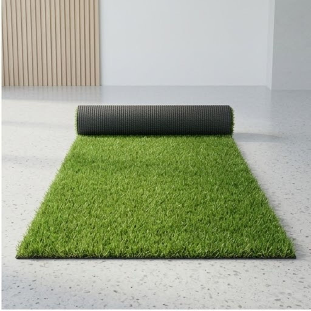 A roll of 20mm fake lawn astro turf partially unrolled on a clean indoor floor.